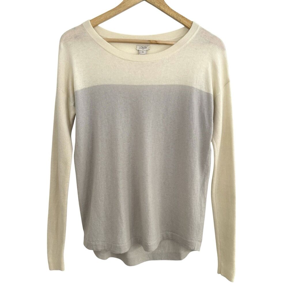 J Crew Women's Colorblock Sweater XS Cream Gray Merino Wool Pullover‎ Minimal
